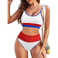 Herseas 2 Piece High Waisted Bikini Set for Women Cute Color Block Striped Sporty Swimsuit Knit Ribbed Bathing Suit