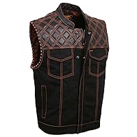 Milwaukee Leather MDM3037 Men's 'Wrecker' Black Denim and Leather Club Style Vest w/Diamond Quilt Design