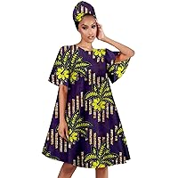 Dashiki African Dresses for Women Summer Print A-line Maxi Looose Dresses with Turban Headwrap
