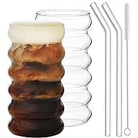 ALINK 16 oz Drinking Glasses with Glass Straws Set of 2, Wave Shape Bubble Glass Cups, Beer Glasses, Iced Coffee Glasses, Cocktail Glasses, Whiskey Soda Water Cup with Cleaning Brush