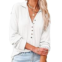 Womens V Neck Long Sleeve Henley Shirts Button Down Boyfriend Sweatshirts Oversized Blouses Tops for Casual Business