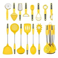 Cooking Utensils Set, 15PC Silicone Kitchen Utensils with Stand, 446℉ Heat-resistant Spatula Set with Stainless Steel Handles for Nonstick Cookware, Kitchen Tools Set for Home Kitchen (Yellow)
