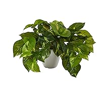 Nearly Natural 9in. Pothos Artificial Plant in White Planter (Real Touch)