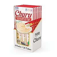 INABA Churu Cat Treats, Grain-Free, Lickable, Squeezable Creamy Purée Cat Treat/Topper with Vitamin E & Taurine, 0.5 Ounces Each Tube, 24 Tubes (4 per Pack), Tuna with Crab Recipe