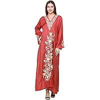 Hibiscus-Red Long Gown from Kashmir with Ari-Embroidered Lotus Flowers