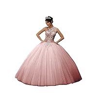 Women's Sweetheart Quinceanera Dress Lace Sequin Beads Applique Backless Princess Ball Gown Tulle Prom Dress Dusty Pink