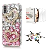 STENES Sparkle Case Compatible with iPhone 12 - Stylish - 3D Handmade Bling Sweet Heart Crystal Rhinestone Glitter Design Cover Case with Screen Protector [2 Pack] - White&Pink