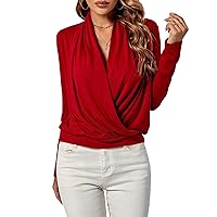 LYANER Women's Casual V Neck Cross Wrap Long Sleeve Solid Blouse Shirt Top
