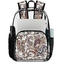 Paisley Indian Pattern Brown Clear Backpack Heavy Duty Transparent Bookbag for Women Men See Through PVC Backpack for Security, Work, Sports, Stadium
