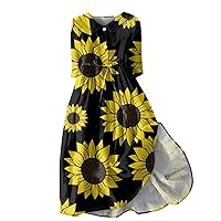 Flower Dresses for Women 2024, Womens Floral Print Lapel Buttoned 3/4 Sleeves Strappy Sleeve Dress, S, 3XL
