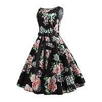 Flygo Womens 1950s Vintage Floral A-Line Flare Swing Dress Retro Rockabilly Party Cocktail Dress
