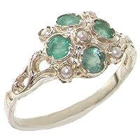 925 Sterling Silver Cultured Pearl and Emerald Womens Cluster Ring - Sizes 4 to 12 Available
