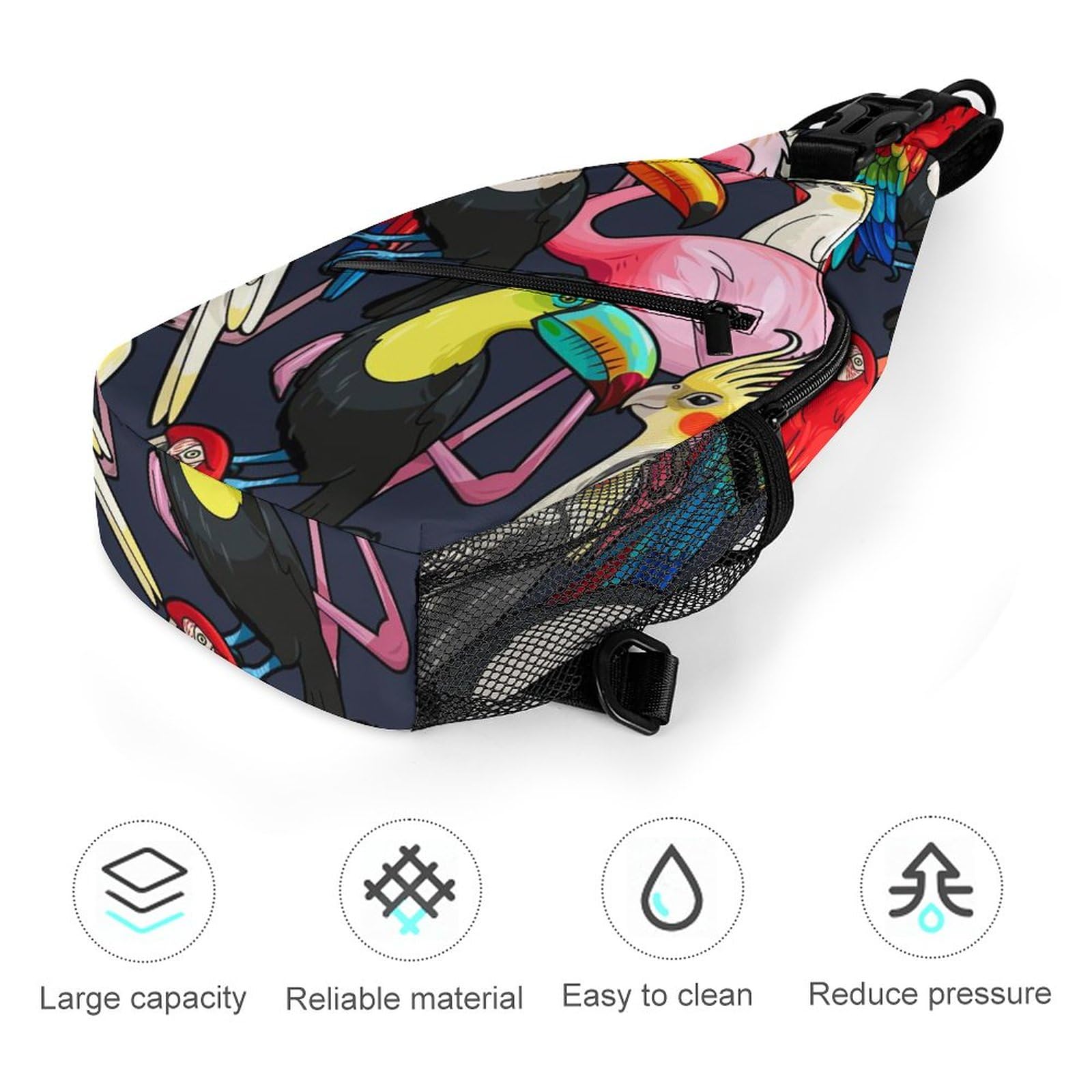 Tropical Birds Flamingo Parrot Sling Bag Full Print Crossbody Backpack Shoulder Bag Lightweight One Strap Travel Hiking Daypack