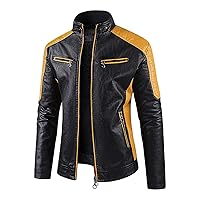 Mens Motorcycle Vintage PU Stand Collar Coat Fleece Lined Faux Leather Jacket Zip Up Slim Fit Biker Jacket Outwear