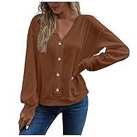 Ladies Dressy Button Sweater Loose Soft Sweatshirt Cute Solid Fall Knit Pullover Womens Elegant Office Work Blouses