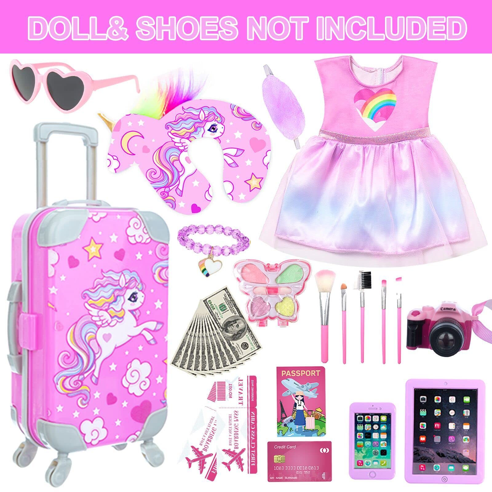 DOTVOSY 29 Pcs American 18 Inch Doll Clothes and Accessories Travel Suitcase Set Designed for 18
