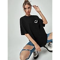 Women's Tops Women's Shirts Sexy Tops for Women Cartoon Graphic Drop Shoulder Oversized Tee (Color : Black, Size : Large)