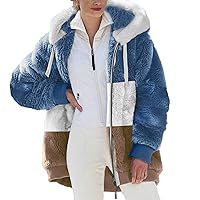 Womens 2023 Winter Fuzzy Fleece Jacket Hooded Color Block Patchwork Cardigan Coats
