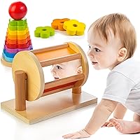 Spinning Drum for Babies 6M+, Spinning Rainbow Baby Toy, Montessori Baby Toys Play Kit, Medium Spinning Drum and Shape Stacker for 6-12 Months Toddlers, Gift for One Year Old Boys and Girls