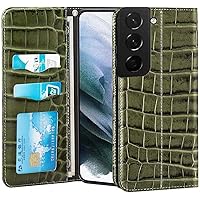 Crocodile Pattern Phone Case Holster, for Samsung Galaxy S21 FE (SM-G990B) (2022) Leather Flip Folio Kickstand Cover Wallet [Card Holder],Green