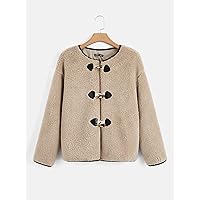 Women's Fashion Jacket Drop Shoulder Contrast Binding Teddy Duffle Coat Jacket Fashion (Color : Apricot, Size : Small)