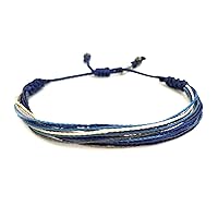 Surfer String Bracelet for Men and Boys Blue Gray White w Hematite Stones Handmade Woven Rope Adjustable Stretch Bangle