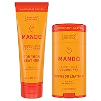 Mando Whole Body Deodorant - Invisible Cream Tube and Solid Stick - 72 Hour Odor Control - Aluminum Free, Baking Soda Free, Skin Safe - 3.0 Oz Tube and 2.6 Oz Solid Stick - Bourbon Leather