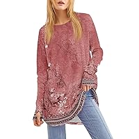 Women's Printed Round Neck Loose Long Sleeve Medium Length Leaky Thumb T-Shirt Top Graphic Wear, S-3XL