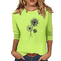 Women's Summer 3/4 Sleeve Shirts Cute Dandelion Print T-Shirt Plus Sized Casual Crew Neck Loose Tunic Tops