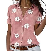 Button Down Shirts for Womens Collared Short Sleeve Shirt Casual Floral Print Tops Summer 2024