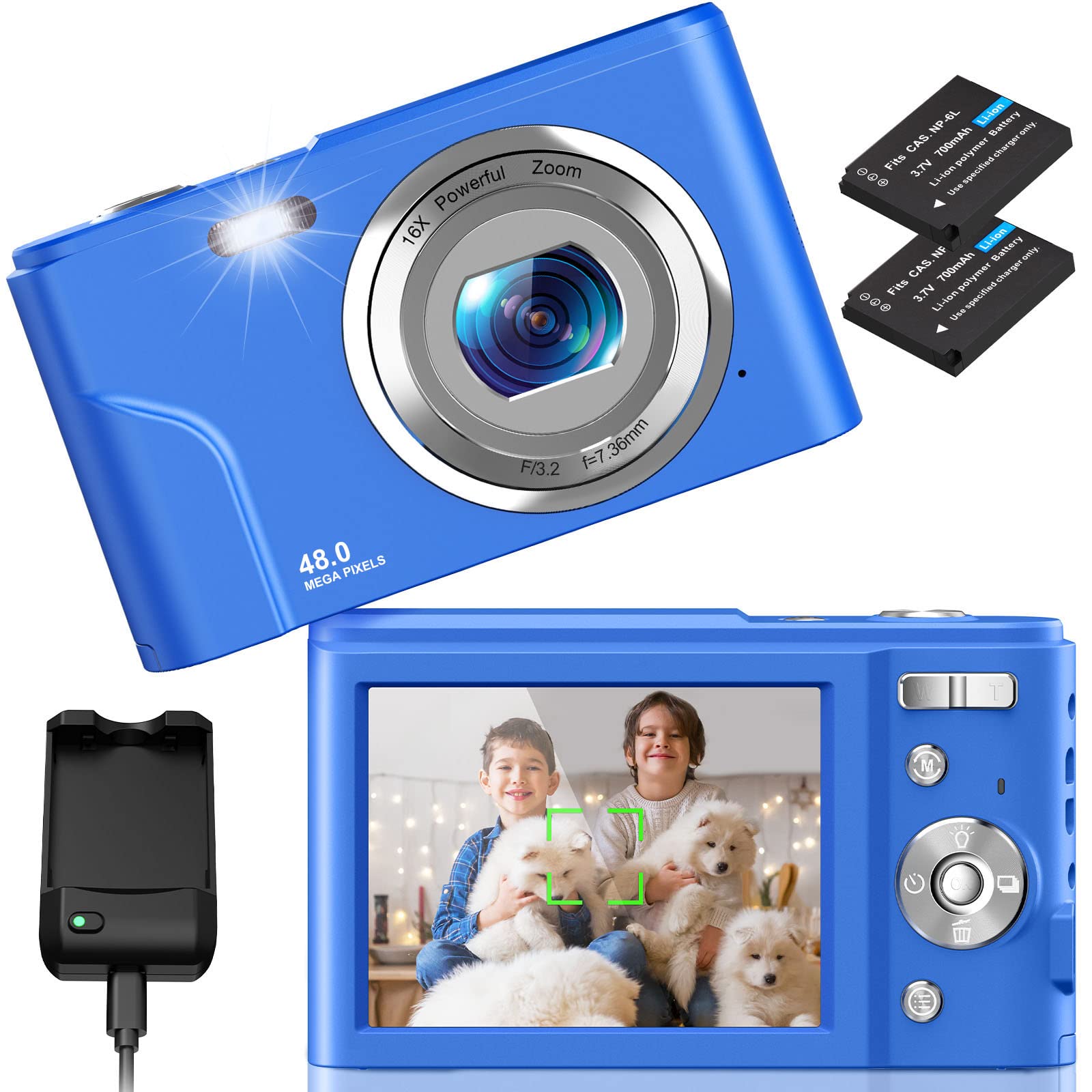 Digital Camera, NEZINI 2 Charging Mode Autofocus Kids Camera, Full HD 1080P 48MP LCD Mini Vlogging Camera, 16X Zoom Compact Pocket Camera Point and Shoot Camera for Kids Teens Beginners (Blue)