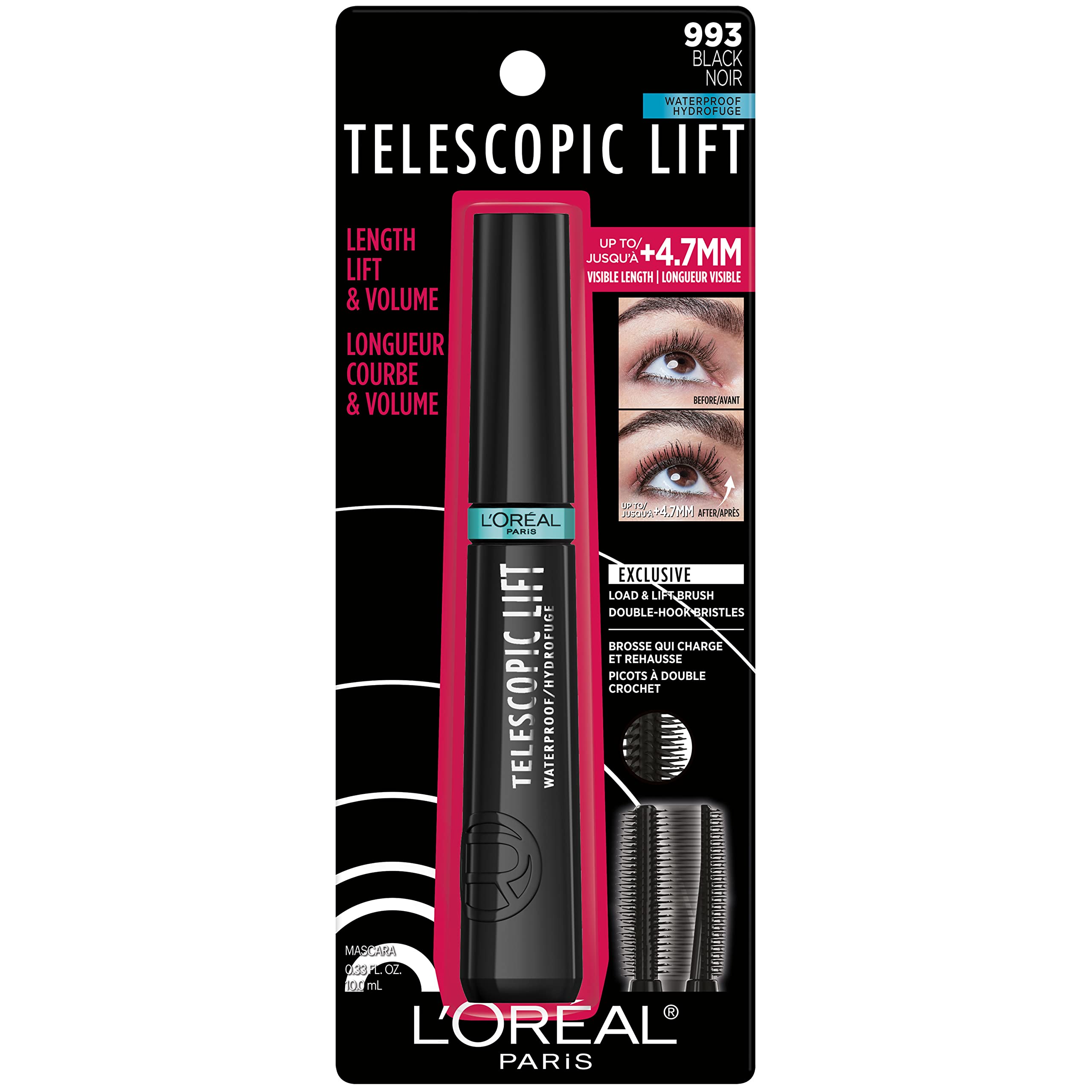 L’Oréal Paris Cosmetics Telescopic Lift Waterproof Mascara, Lengthening and Volumizing Eye Makeup, Lash Lift with Up to 36HR Wear, Black, 0.33 Fl Oz