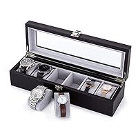 Watch Box, Watch Display Organizer, Watch Storage with Glass Lid, Grey Velvet Lining, Lockable with Silver Metal Clasp, 6 Slots, 34.5x11x8.5cm, Black PU Leather