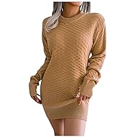 Women's Fall Dresses Autumn and Winter Solid Color Plaid Long Sleeve Bottomed Knitted Wool Dress, S-L