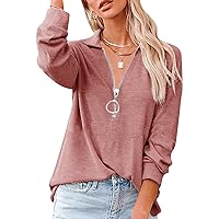 EFOFEI Women's Solid Color Party Sweatshirt Casual Henley Half Zipper Tops Lapel Ribbed Oversized Pullover