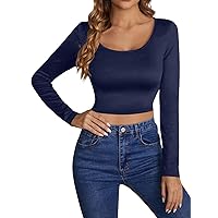 Sweet Hearts Long Sleeve Crop Top for Women- Solid Square Neck Casual Basic Shirt Made in USA