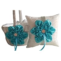 | Big Flower Collection | Turquoise White Ring Bearer Pillow & Wedding Flower Girl Basket Set