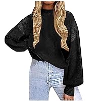Clearance Lantern Sleeve Ribbed Sweater Women Solid Jumper Tops Mock Neck Knitted Pullover Trendy Loose Sweaters Shirts Suéter De Algodón para Mujer Black