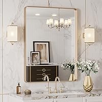 24”X32” Gold Bathroom Mirror, Rounded Rectangle Gold Frame Mirror, Brushed Gold Bathroom Vanity Mirror Wall-Mounted, Anti-Rust, Hangs Horizontally or Vertically