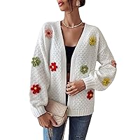 Verdusa Women's Floral Applique Bishop Sleeve Open Front Knitted Cardigan Sweater