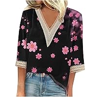 3/4 Sleeve Tops for Women Trending Lace V Neck Shirts Elegant Floral Print Short Sleeve Shirt Work Going Out Tops