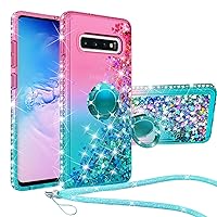 for Samsung Galaxy S10 Case, Liquid Glitter Sparkle Floating Case with Ring Holder, Girls Women Kids Bling Diamond Stand Shockproof Protective Cover for Samsung Galaxy S10 -Green