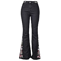 Andongnywell Womens Embroidered Flare Jeans Floral Embroidery Mid Waist Bell Bottom Denim Pants Broad Feet Long Jean