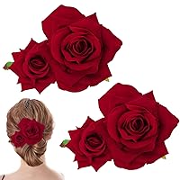 WHAVEL 2 Pack Flannel Rose Hair Clip, Flower Hair Pins Bridesmaid Flower Hair Clips Bridal Hair Accessories for Women Halloween Wedding Party (Red)