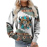 Womens Aztec Geometric Graphic Sweatshirts Vintage Loose Fit Long Sleeve Shirts Western Cowgirl Tops Plus Size Blouse White XX-Large