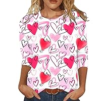 Valentine Shirts for Women Love Heart 3/4 Length Sleeve Graphic Tees Casual Ladies Tunic or Tops to Wear with Leggings