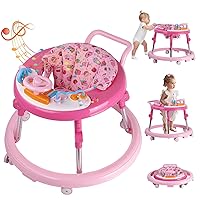 Baby Walker Foldable, Baby Walkers and Activity Center for Boys Girls Babies 6-12 Months with Feeding Tray & Music, and 5 Adjustable Heights, Baby Walker with Wheels