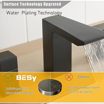 BESy Matte Black Bathroom Faucet 3 Holes Two Handles Lavatory Vanity Sink Faucet Widespread 8 Inch Bathroom Sink Faucet, Waterfall Bathroom Sink Faucet With Supply Hoses, Basin Brass Faucet Mixer Taps