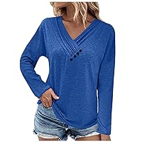 Womens Blouses Dressy Casual Fall Hippie Tshirts Shirts Long Sleeve Button V Neck Tops Solid Workout Tunics Tops Blue