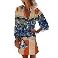 Red White Blue Clothes Patriotic Dress for Women Sexy Casual Vintage Print with 3/4 Length Sleeve Deep V Neck Independence Day Dresses Khaki Small